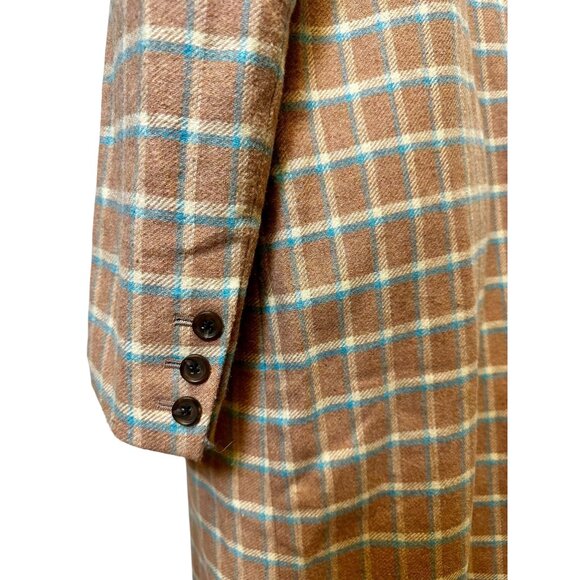 Something Navy Camel Plaid Long Coat – Check Wool Blend Single Button Overcoat, - Picture 7 of 9
